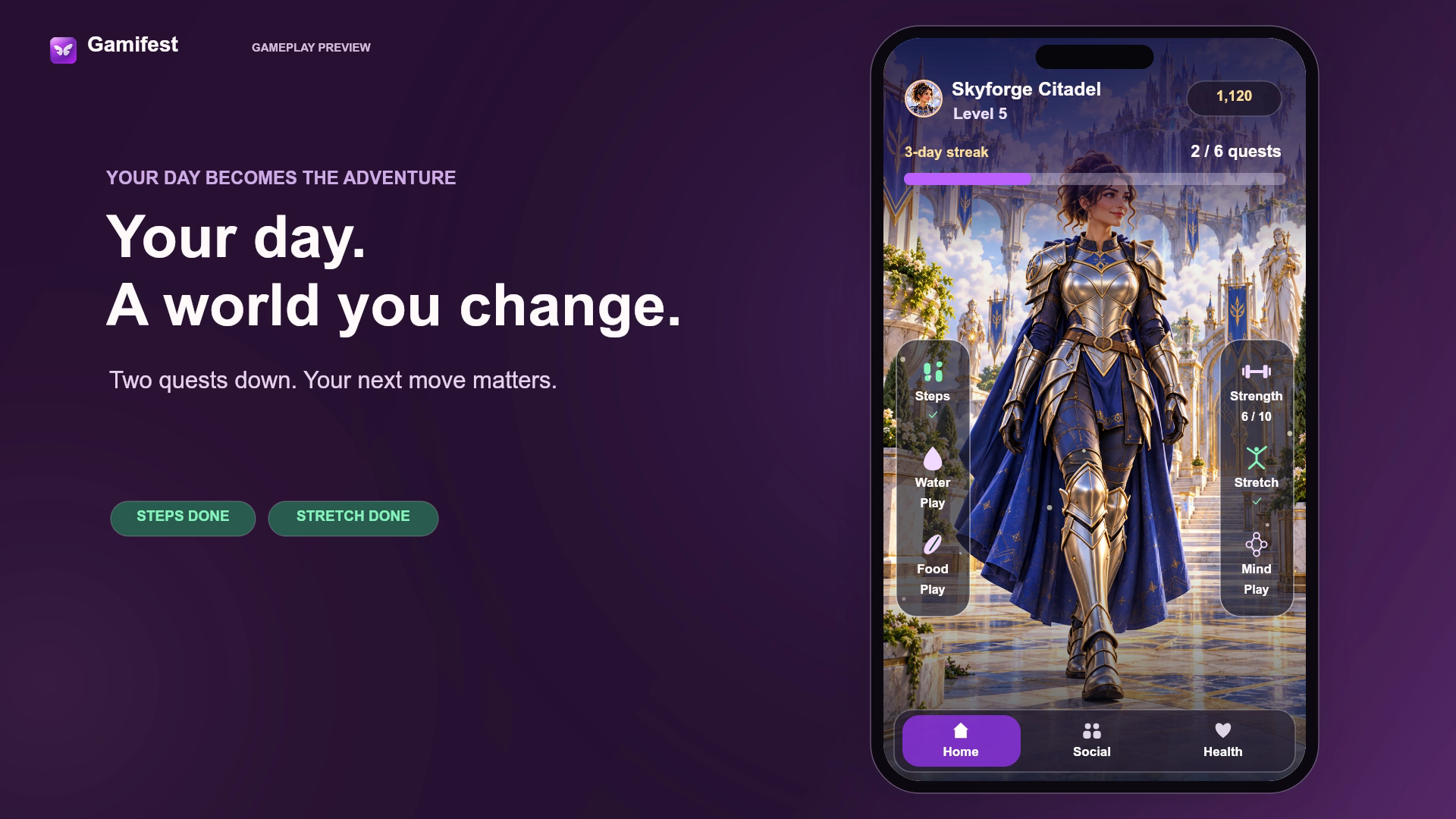 Gamifest concept: an armored avatar surrounded by daily activities